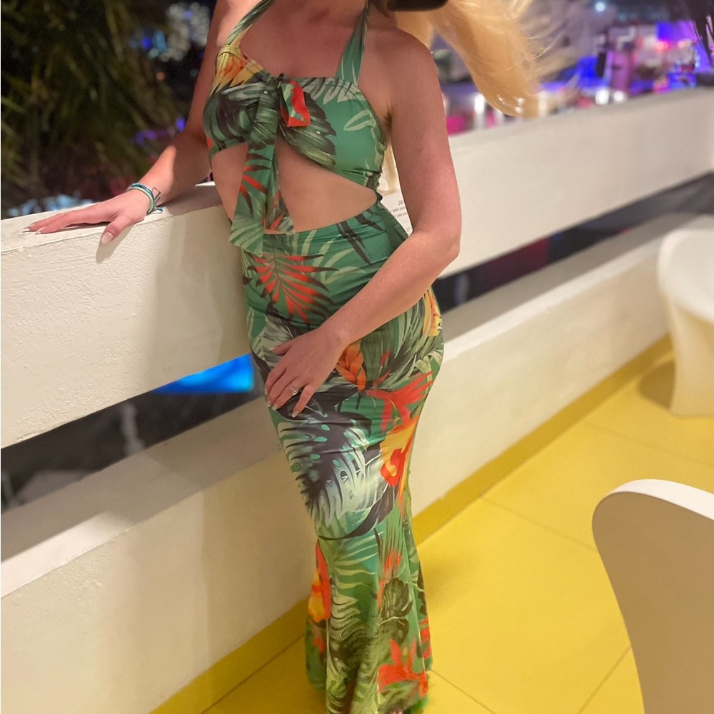 Tropical long flare dress